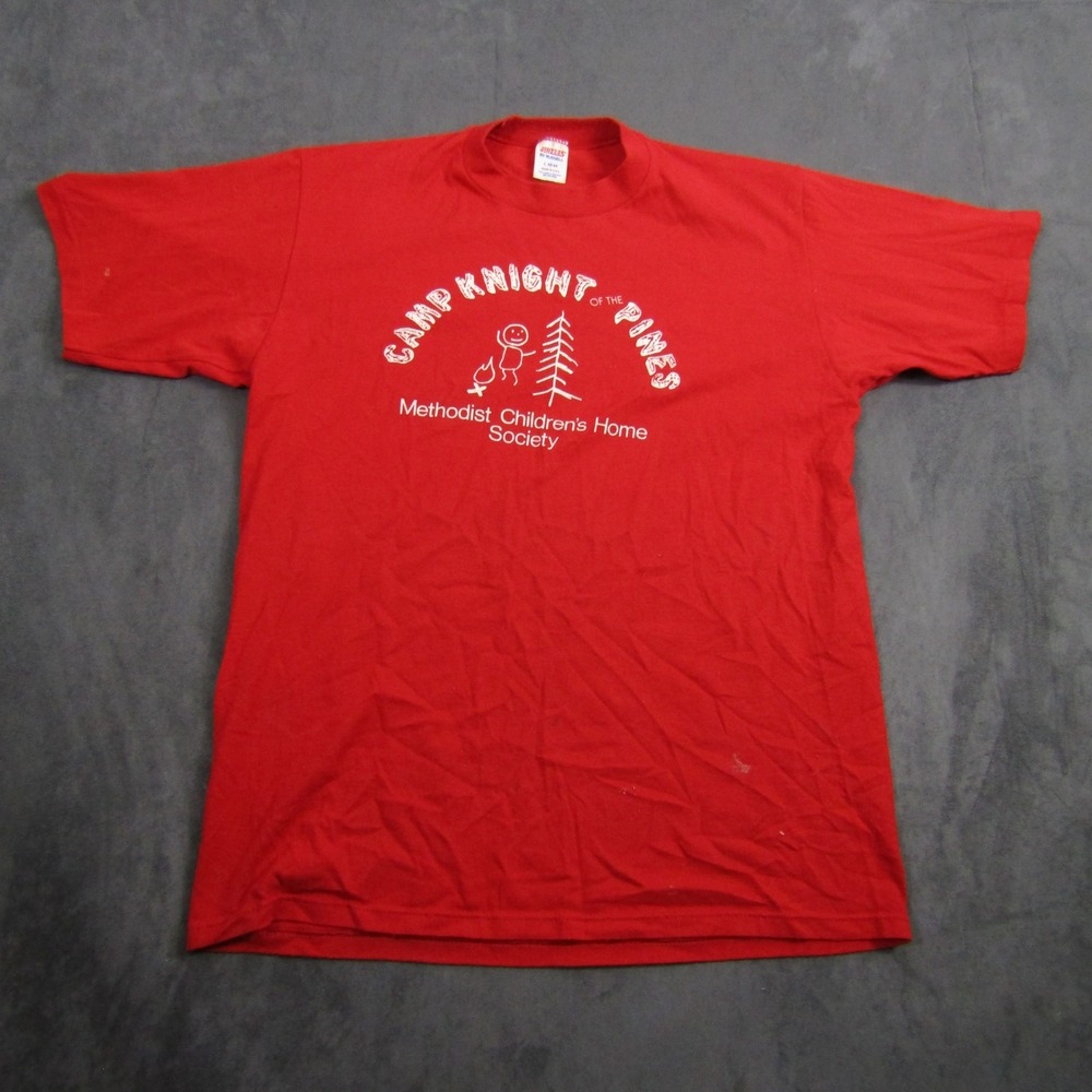 Jerzees T-Shirt Mens Large Red Vintage 80s Single Stitch Camp Knight Pines